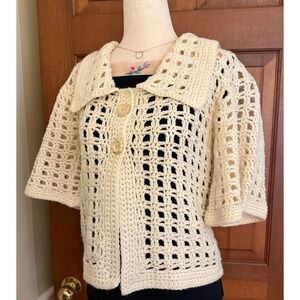 Hand-Knit Crochet Cardigan Sweater Womens S Cream Wide Lapel Coastal New England